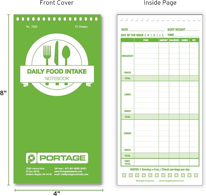 Portage Food Diet Journal - Notebook for Daily Food Intake with Template to Track Calories, a Diet Diary, Meal Tracker – 4 x 8 Inches, 70 Sheets, 140 Pages, (Pack of 3)