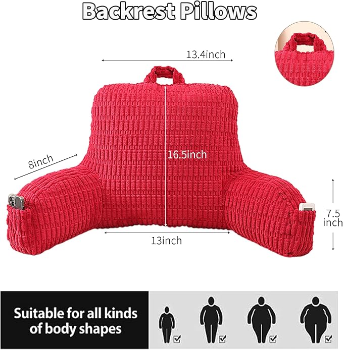 Reading Pillow for Sitting in Bed, Large Backrest Reading Pillow with Arm Rest,Back-Rest Support Cushion for Sit Up on Couch, Sofa, and Floor, Dorm Essentials (Red Corduroy, Standard(17"))