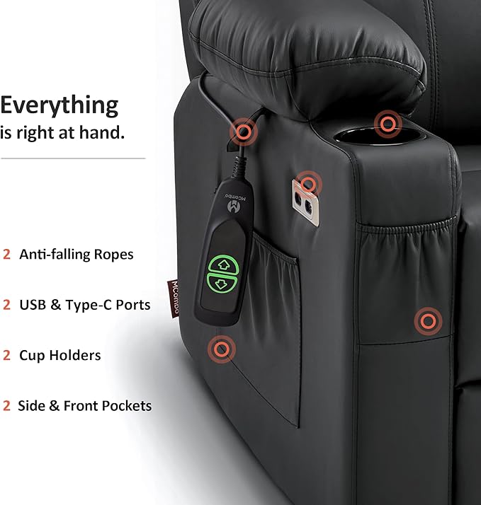 MCombo Power Lift Recliner Chair for Elderly, Lift Chair with Heat and Massage, FSC Certified, USB Ports, Cup Holders, Faux Leather 7141 (Black, Small)