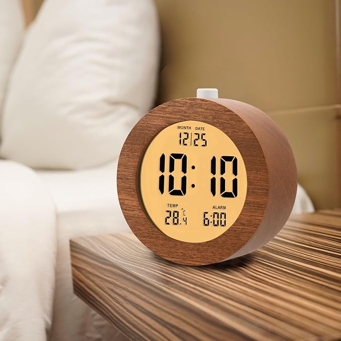 Plumeet Wooden Digital Alarm Clock for Bedrooms, Wood 4'' Battery Powered Alarm Clock with Snooze and Nightlight, Electronic LCD Desk Clock Display Time, Date, Temp, 12/24H, Wood Décor, Round, Sapele