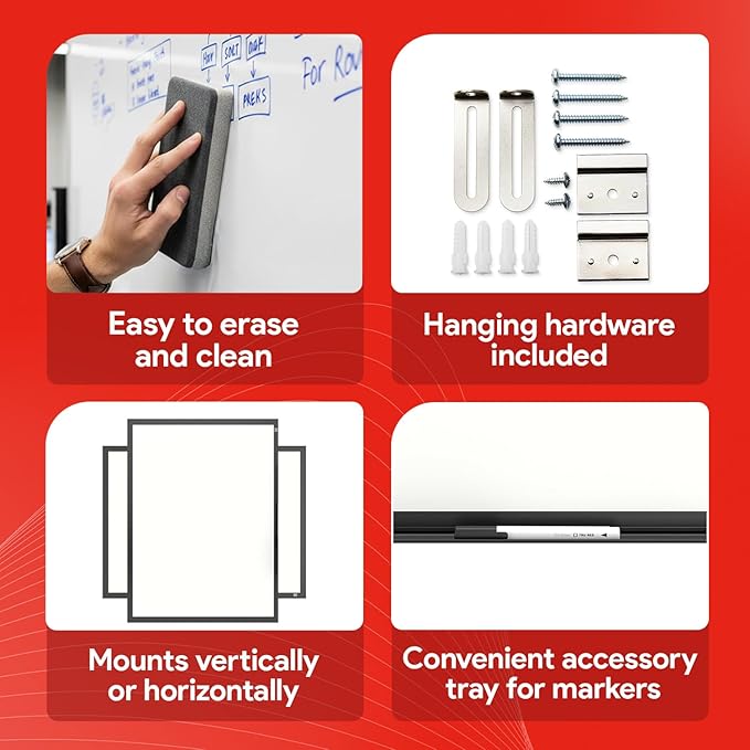 Staples TRU RED Magnetic Dry Erase Whiteboard, 4 x 3 Feet, 4 Multicolor Markers, Black Finish Aluminum Frame for Home, Office, School, White