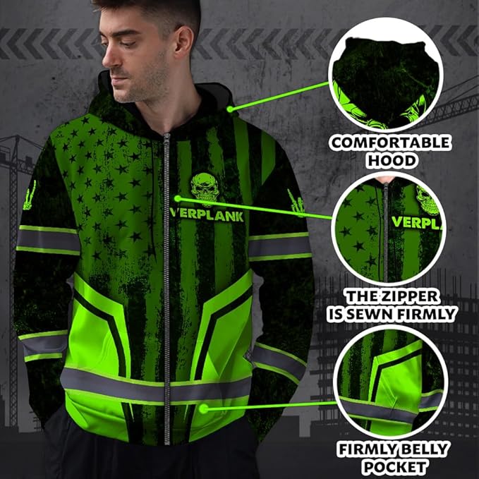 Maddly Hi Vis Reflective Zip Up Hoodie, High Visibility Safety Jacket with Skull Design for runner, worker, trucker, cyclist