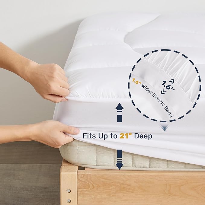 Unikome King Mattress Pad Waterproof, Ergonomic Quilted Mattress Topper for Back Pain Relief – Breathable Bed Cover with Deep Pocket (Fits 8-21 Inches), Noiseless & Machine Washable (White, 78x80)