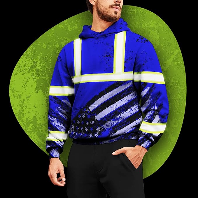 US Flag High Visibility Hoodie for Men Reflective Hoodie Safety Workwear for Worker Runner Patriotic ACC02