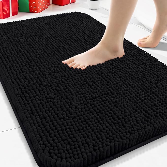 Arotive Bathroom Rugs 30x20, Extra Soft Absorbent Shaggy Chenille Bath Rugs, Machine Washable Rubber Backing Non-Slip Bath Mats for Bathroom Floor Tub and Shower, Home Decor Accessories, Black