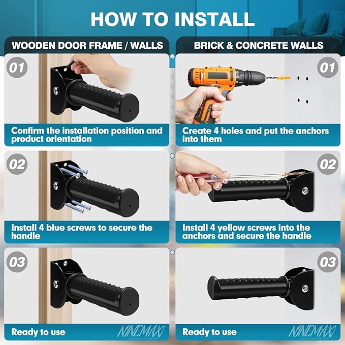 NINEMAX Doorway Assist Handle for Stairs, Flip Up Folding Grab Bar for Wall, Foldable Safety Grab Handle for Elderly/Handicap or People with Balance Issue, Metal Grip Handrail for Seniors