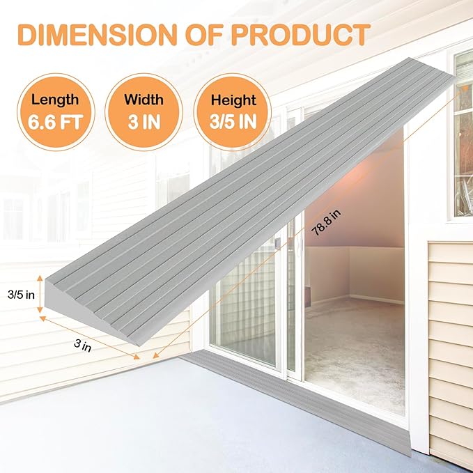 Threshold Ramps for Doorways Self-Adhesive Rubber Ramps for Door Threshold Rubber Door Threshold Ramp for Wheelchair Stroller Scooter Reducer Ramp (Gray, 3” Wide x 6.6' Long)
