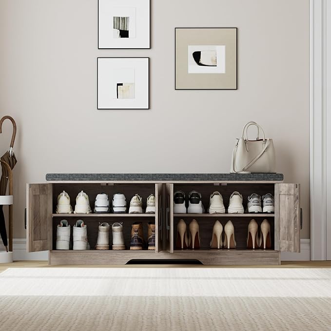 2-Tier Storage Bench, 47.2" Wide Shoe Bench with Padded Seat Cushion, Entryway Bench with 4 Barn Doors and Adjustable Shelf, Greige