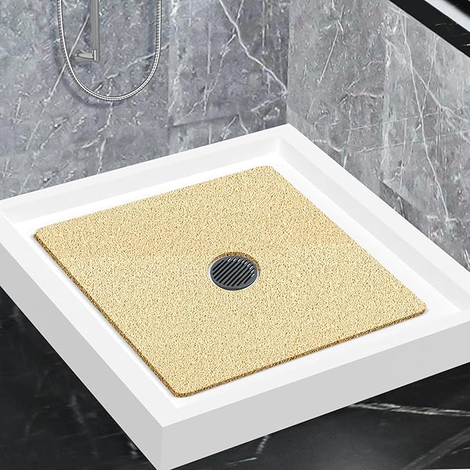 Shower Mat Non Slip,Soft Bath Mat with Drain,Quick Drying PVC Loofah Bathtub Mat for Bathroom,Without Suction Cups,24 x 24 Inch (Beige)