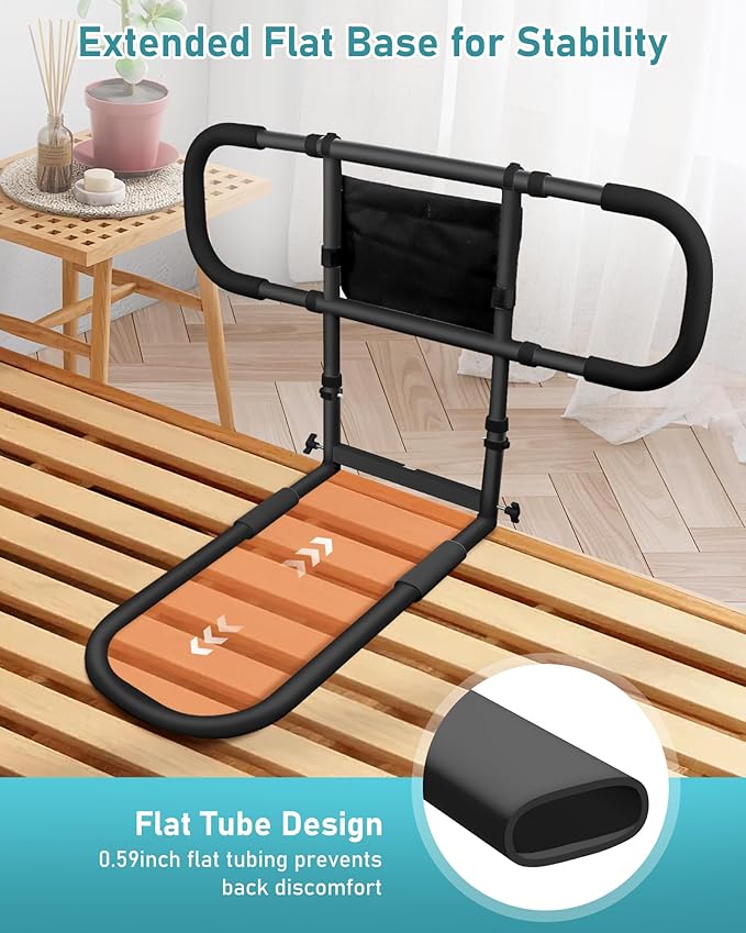 AMOVO Bed Rails for Elderly Adults Safety Bed Guard Rails for Seniors Extended Handle Bed Assist Rail with Sensor Light Storage Pouch, Stable Bedside Cane Support Bar Grab, Fit King Queen Full Twin