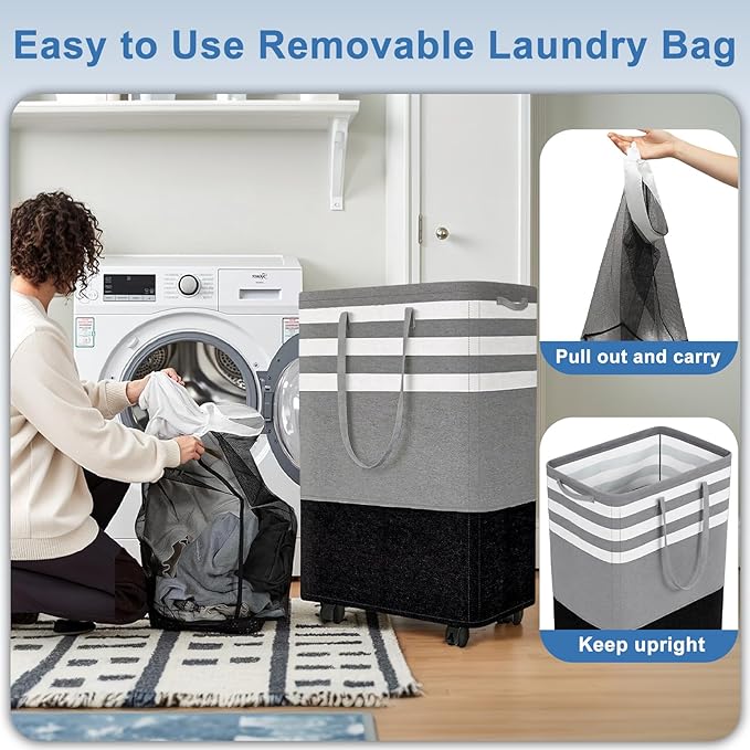 Wakefit 105L Large Laundry Basket, Laundry Hamper with 4 Wheels, Collapsible Waterproof Clothes Basket, Freestanding Hamper with Handles for Bedroom, Bathroom, Laundry Room (Gray - L)