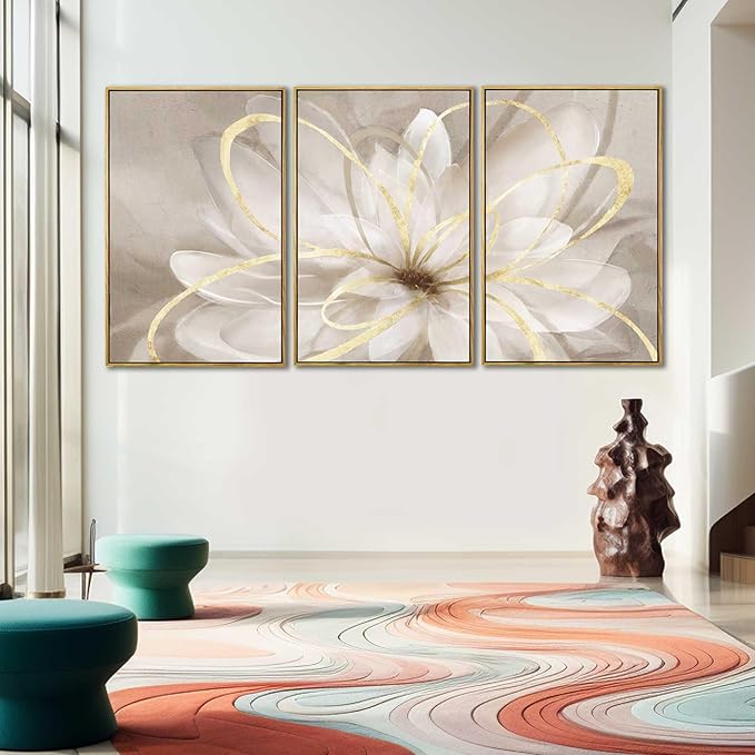 SOUGUAN Living Room Decor White Flower Artwork Gold Canvas Wall Art Abstract Line Painting for Bedroom Kitchen Dining Room Home Wall Decor 26"x40"x 3 Pieces