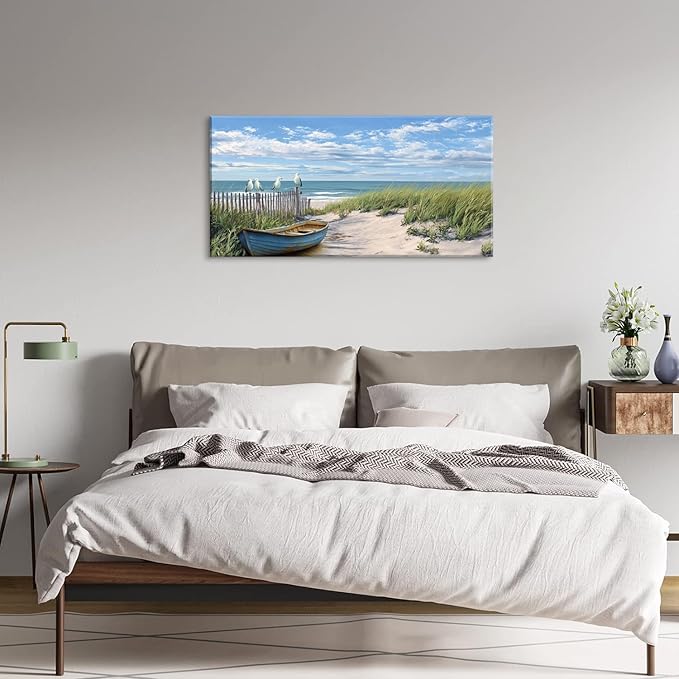 Coastal Blue Seascape Beach Sail Boat Wall Art for Living Room Office Scenic Landscape Art Deco Green Painting Prints Nature Summer Canvas Artwork Over The Couch Bedroom Decor