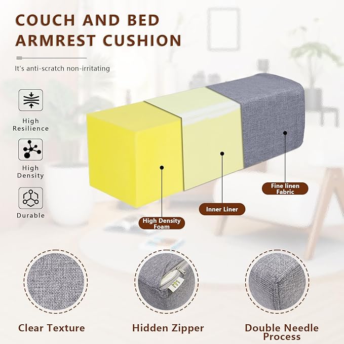 2 Pack Couch Arm Rest Pillow, 6''x6''x20'' Linen Cover, High Density Foam Armrest Cushion, Removable & Washable Elbow Support for Sofa, Bed, and Armchair (Grey)