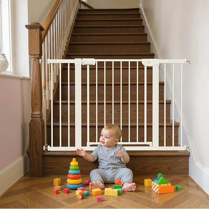 29.5-46" Baby Gate for Stairs, Baby Safety Essentials, Auto Close Gate for Doorways, Easy Install Pressure Mounted Dog Gate Indoor, Pet Gates for Dogs, White