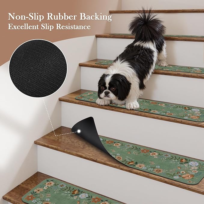 OJIA Floral Stair Treads Non-Slip Stair Runners for Wooden Steps Indoor 15PCS 30"x8" Stair Mats Staircase Step Treads for Kids, Elders and Dogs, Stair Covers, Green
