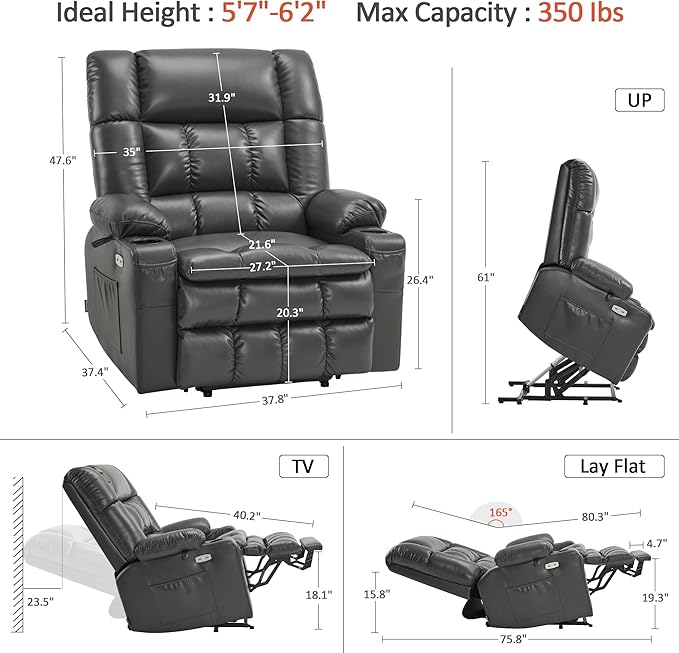 MCombo Dual Motor Power Lift Recliner Chair for Elderly, Lay Flat Lift Chair with Heat and Massage, Oversized Lift Recliner for Big and Tall, Faux Leather R7891 (Grey, Oversized)