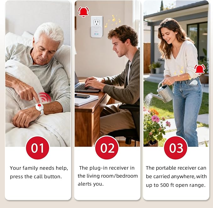 CallToU Caregiver Pager Wireless Call Button for Elderly, Medical Alert Systems for Seniors/Elderly Monitoring with 2 Call Bell, 500+Feet, 1 Plug-in Receiver+1 USB Receiver for Home Patients Emergency