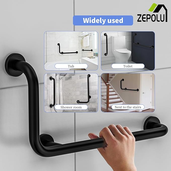 Black L-Shaped Grab Bar 12x24 Inch + Knurled Shower Grab Rail 20 Inch, Zepolu Stainless Steel Toilet Safety Bar 90 Degree, Angled Balance Support Assist Bar for Elderly, Bathroom Mobility Aid Handrail