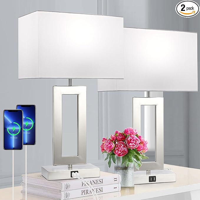 22'' Lamps for Bedrooms Set of 2, Touch Control Table Lamps with 2 USB Ports, 3-Way Dimmable Bedside Nightstand Lamps, Brushed Nickel &White Lamp for End Table Living Room Modern Contemporary