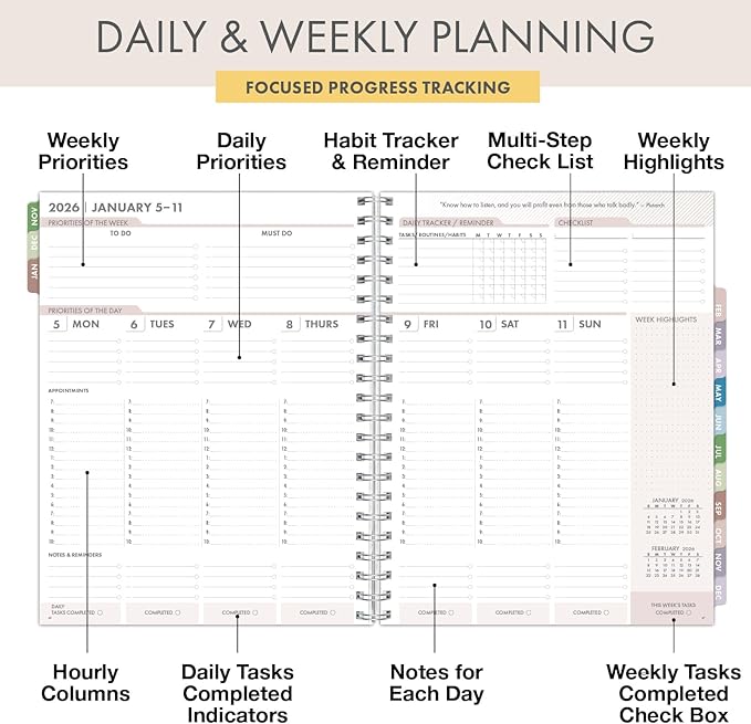 Essential PRO 2026 Daily, Weekly & Monthly Planner, 8.5"x11": 14 Months (Nov 2025 - Dec 2026) Monthly Tabs,Daily Tracking,Notes Pages,Storage Pocket,Bookmark w Sticky Notes (Rainbow Petals)