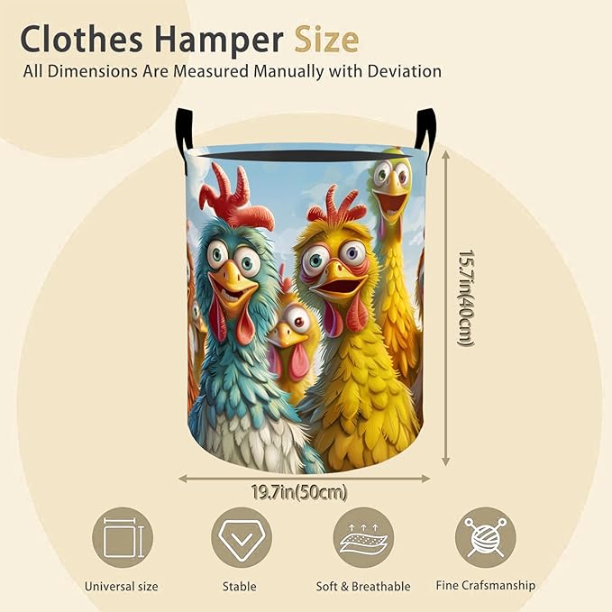 Funny Chicken Laundry Basket Hamper for Boys Girls Kids Adults, Foldable Waterproof Oxford Clothes Storage Bin, Colorful Cartoon Farm Animal Organizer for Bedroom Bathroom Room Decor 19.7"x15.8"