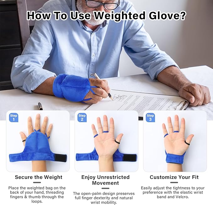 Weighted Gloves for Hand Tremors and Parkinson's, Improved Hand/Wrist Stability & Mobility, Adjustable Wrist, Weights Strengthening Tool