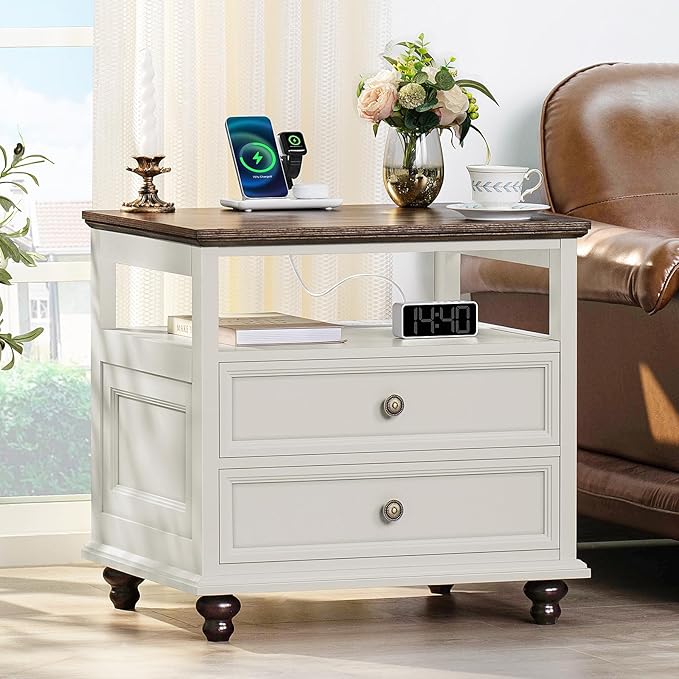 Farmhouse Nightstand Set of 2 with Charging Station, 24" Wide End Table with 2 Drawers,Dresser for Bedroom,Bed Side Table Chest of Drawers Cabinet,Wood White Night Stand for Living Room