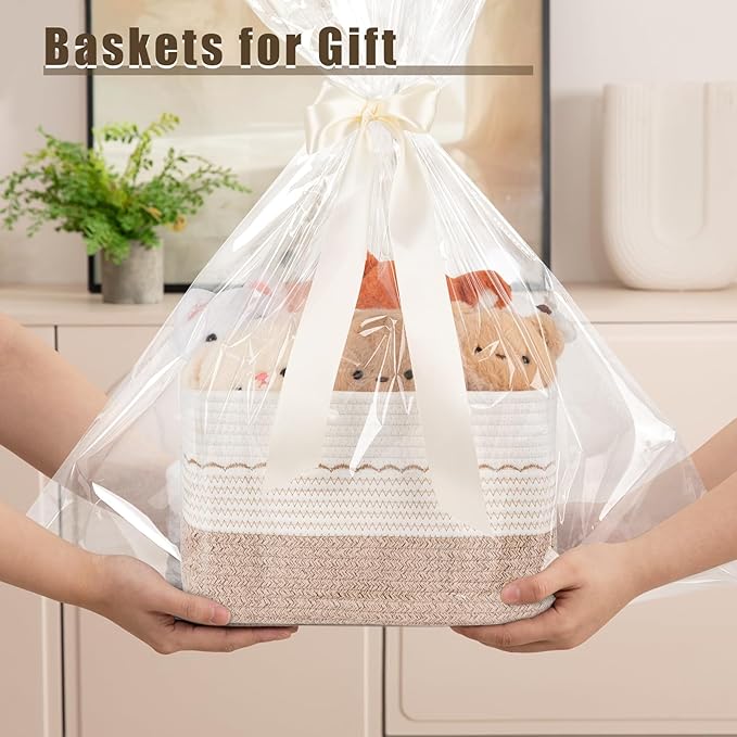 4 Pack Storage Baskets for Organizing, 13"X9"X7.87", Decorative Cotton Rope Baskets with Wave-Patterned Embroidery for Shelves, Small Woven Basket for Toys, Books and Towels, Brown & White