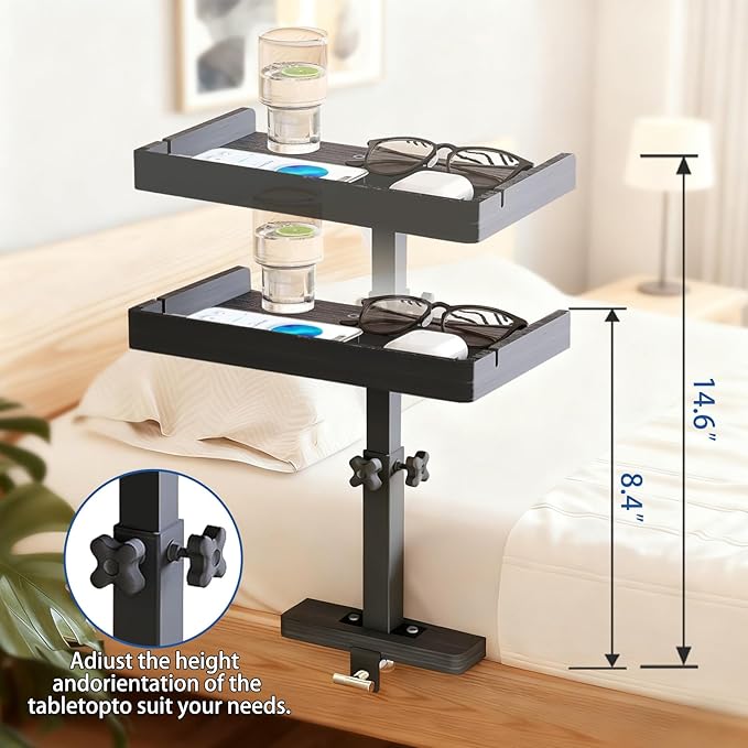 Bedside Shelf for Bed Frame, Clamp On Bedside Table Organizer, Dorm Room Nightstand Alternative for Phone, Glasses, Laptop, Books, Small Storage Tray for Bunk Bed College Dorm (Black)