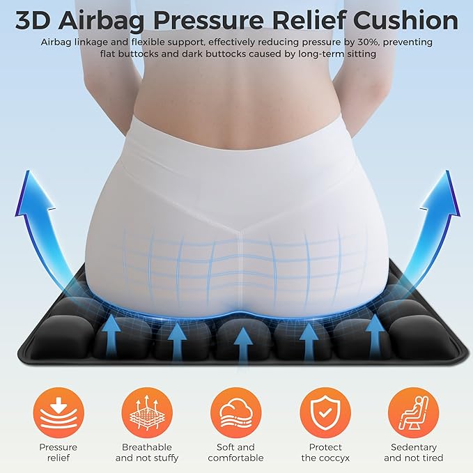 Upgrade Airplane Seat Cushion Without Air Pump, Inflatable Seat Cushion for Long Flights, Portable Wheelchair Cushions, Adjustable Air Cushion with Non-Skid Bottom Relief Discomfort in Coccyx