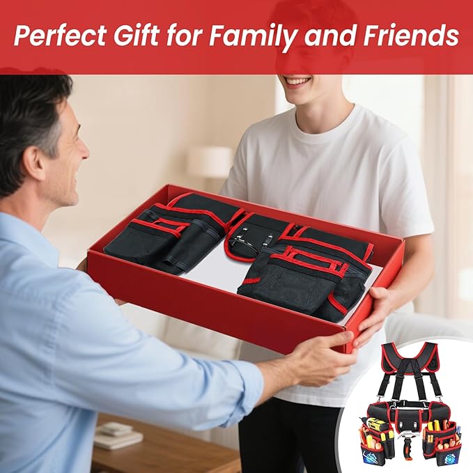 Tool Belt With Suspenders, Heavy Duty Magnetic Tool Belts for Men with 18 Pockets, Tool Belt with Adjustable 32 to 66 Inches Detachable Waist for Electricians, Carpenters, Framers, Black-Red