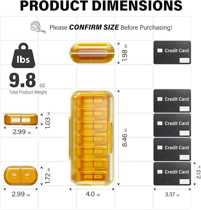 Weekly Pill Organizer 2 Times a Day, Moisture-Proof, Detachable Compartments, AM PM Pill Box 2X 7 Day, Travel Pill Organizer for Pills/Fish Oil/Medication/Vitamin/Supplements (Amber)
