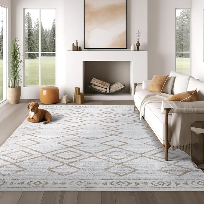 jinchan Moroccan 6x9 Area Rugs for Living Room - Machine Washable Soft Modern Geometric Stain Resistant Ultra-Thin Low-Pile Large Rug Non-Slip Carpet for Bedroom Kitchen Dining Room (6x9ft, Taupe)