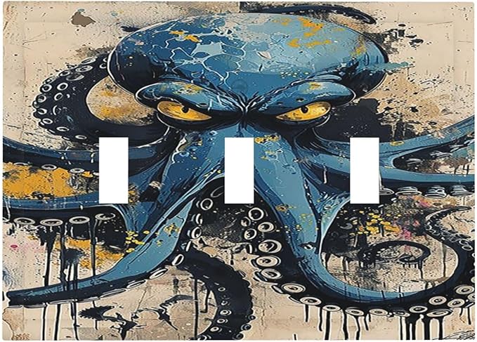 Decorative Switch Plates Nautical Vintage Blue Octopus Yellow Eyes Oil Watercolor 3 Gang Wall Plate Triple Toggle Light Switch Cover Faceplate Electrical Wall Panels for Kids room