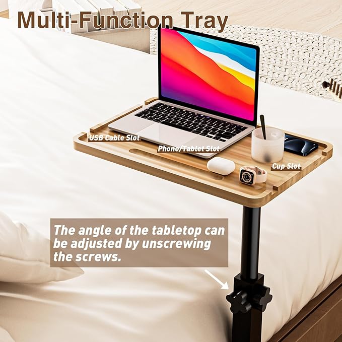 Bedside Shelf for Bed, Height-Adjustable Clip On Bedside Table, Overbed Table for Bed Frames and Sofas Widths 1" - 2.7", Nightstand Organizer Tray for Apartments, Bedrooms, Dorm Essentials