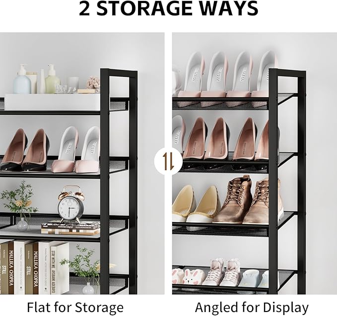 Metal Shoe Rack for Closet,entryway, 4-Tier Shoe Organizer, Adjustable Flat or Angled Shelves, Holds up to 20 Pairs Shoes, Black