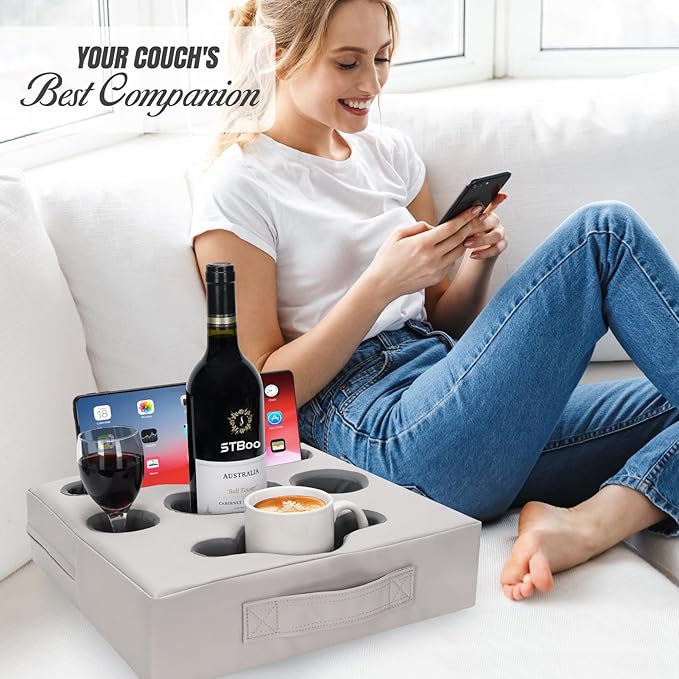 STBoo Couch Cup Holder Pillow Tray - Sofa Drink Cup Holder Cozy Buddy | Bed Caddy Organizer for Remote, Snacks Beverage, Phones, Tablet | Use it on Car, Pack, Beach, RV, Boat, Bedroom (Silvergrey)