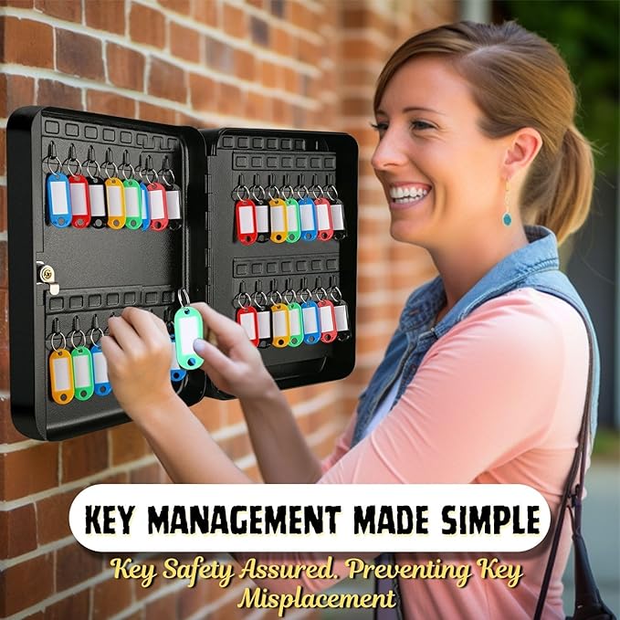 Flexzion Key Cabinet Key Lock Box Wall Mount with 60 Key Holder Organizer Locker Case, Colored Key Tags & Hooks Wall Mounted Lock Box for Keys Storage, Homes, Property, Hotels, Business (Black)