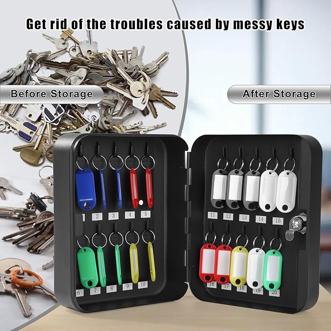 KYODOLED Key Cabinet Wall Mount, Locking Key Box Organizer, Key Lock Box with Key, Key Holder Lock Box for Wall, 20 Key Hooks & Tags Key Lab,7.8"x6.3"x3.14" Black