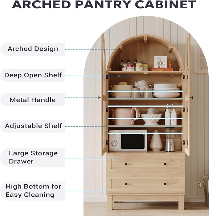 71" Tall Arched Kitchen Pantry, Kitchens Pantry Storage Cabinet with 2 Large Drawers and Adjustable Shelves, Modern Farmhouse Versatile Cupboard for Kitchen, Dining Room, Bathroom, Natrual
