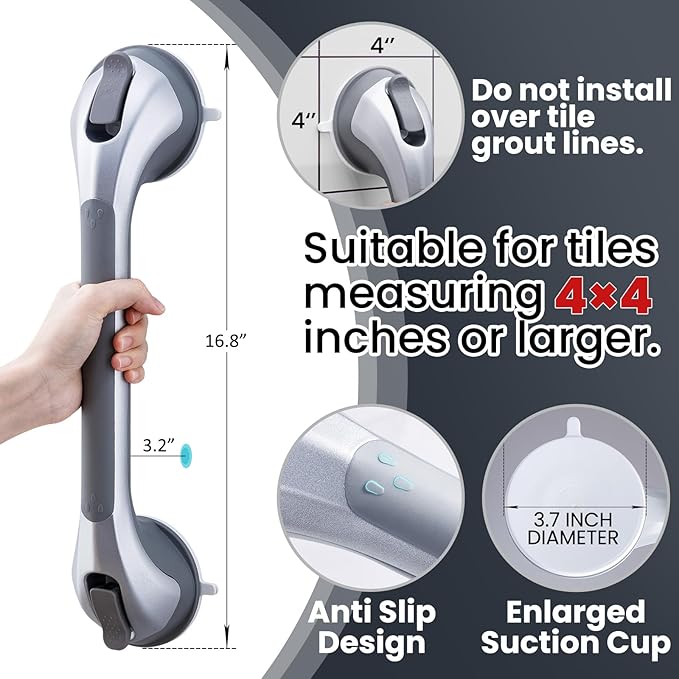 TAILI Shower Grab Bar 2 Pack 16 Inch Suction Grab Bars for Bathtubs & Showers, Heavy Duty Shower Handle Removable Shower Handrails for Elderly and Seniors, No Drilling Waterproof, Silver