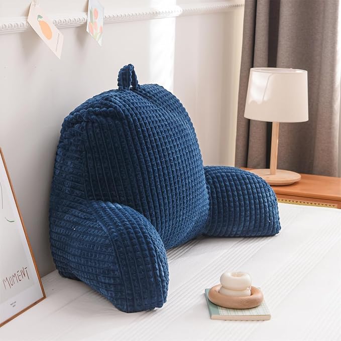 Holawakaka Reading Pillow for Bed and Sofa Couch Sitting Up, Backrest Pillows with Arms for Kids Teens Adults, Back Support Cushion for Lounging, Watching TV, Working on Laptop, Navy Blue