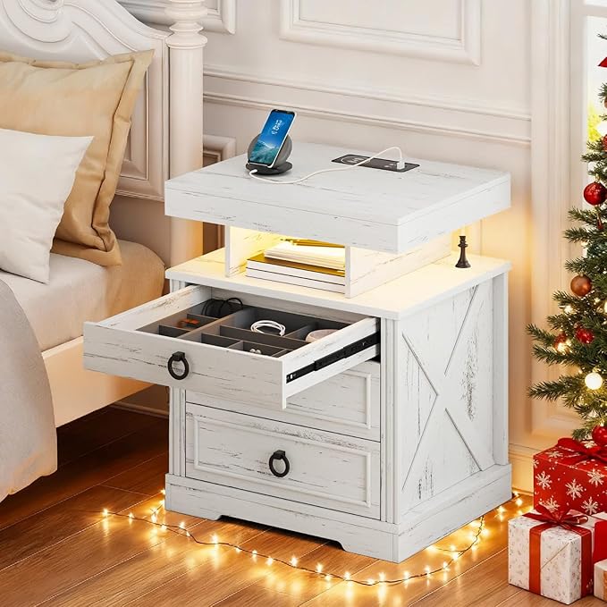 Gurexl Farmhouse Night Stand with Lockable Gun Drawer,LED Nightstand with Charging Station,Bedside Table with Human Sensor 3-Color Lights,End Table with 3 Drawers,Bedroom,White