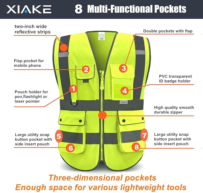 XIAKE Reflective Safety Vest for Men & Women High Visibility Class 2 Vest with Pockets Meets ANSI Standards