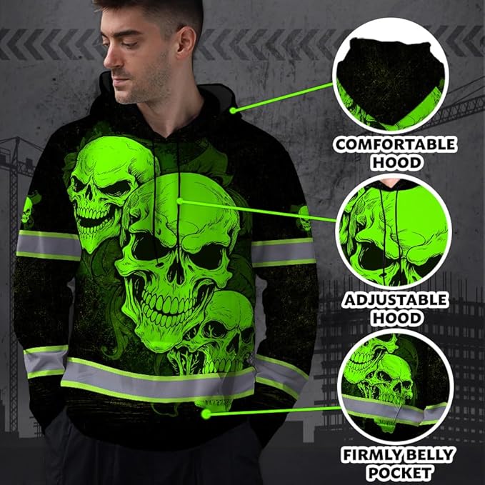 Matedecor Skull US Flag Reflective High Visibility Hoodie For Men Construction Hi Vis Safety Workwear Custom Name
