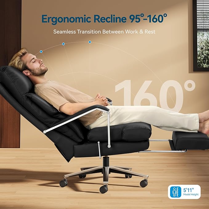 Reclining Office Chair with Footrest - 25.6" Wide Seat & Adjustable Seat Depth, Big and Tall High Back Leather Executive Home Office Desk Chair 400lbs, Black