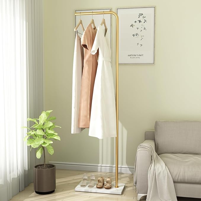 DR.IRON Gold Coat Racks, Metal Coat Racks Freestanding with Crossbar and Heavy Base, Modern Coat Rack Stand, L Shaped Clothing Rack for Entryway, Bedroom, Living Room or Office
