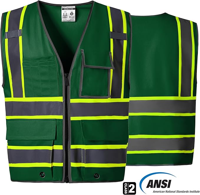 SKSAFETY 10 Pockets Safety Vest, Class 2 High Visibility Security with Zipper, Hi Vis Vest with Reflective Strips, ANSI/ISEA Standard, Construction Work Vest for Men ＆ Women （Green,2XL）