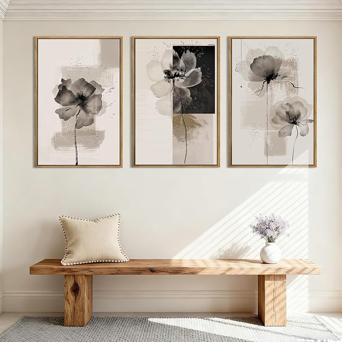 IARTTOP Extra Large Black Neutral Framed Wall Art 24x36 Inch Beige Tan Abstract Floral Canvas Wall Decor Set of 3 Minimalist Modern White Flower Art Prints for Living room Bedroom